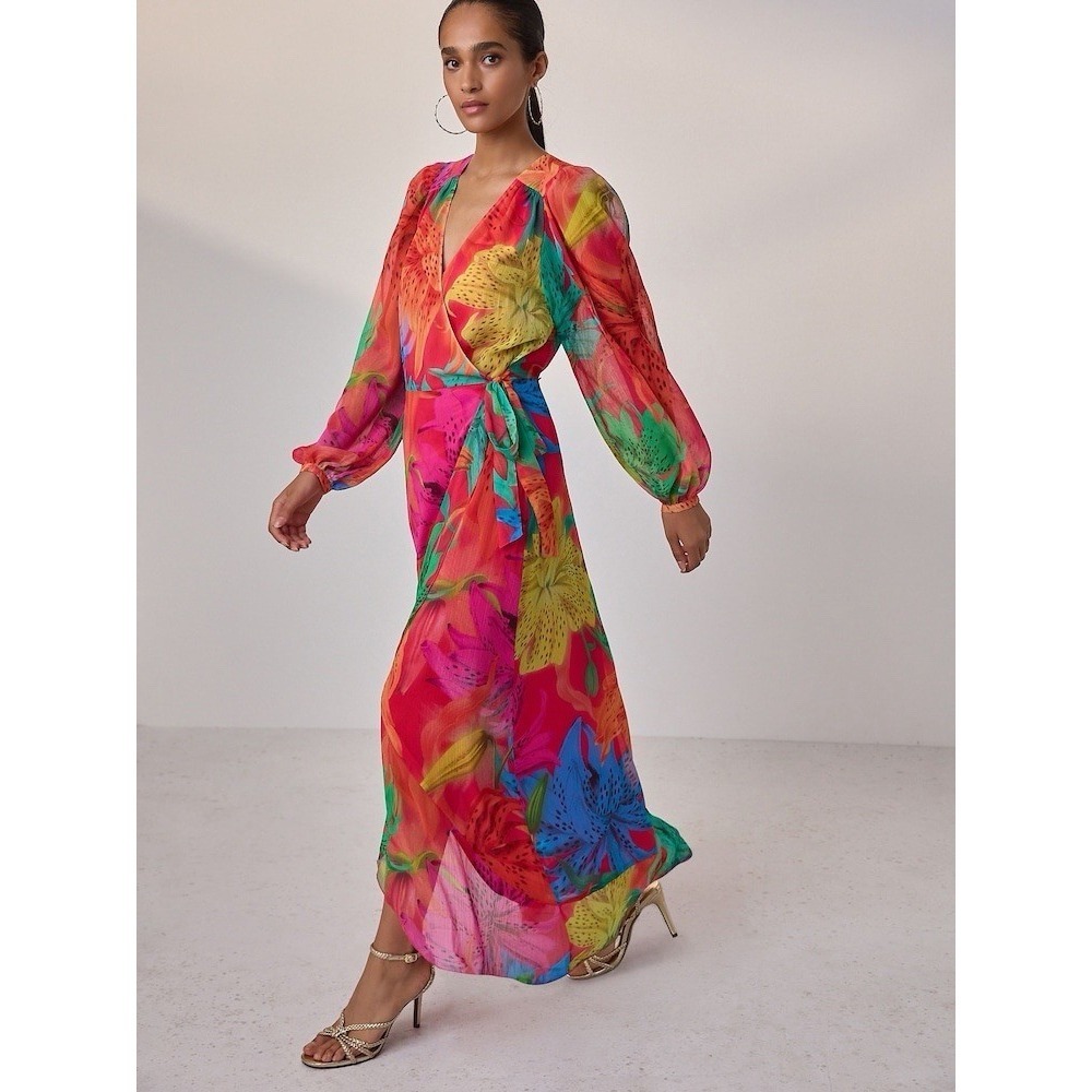 Kew Collection Bright Floral Occasion Long Sleeve Wrap Midi Dress Tropical US 12